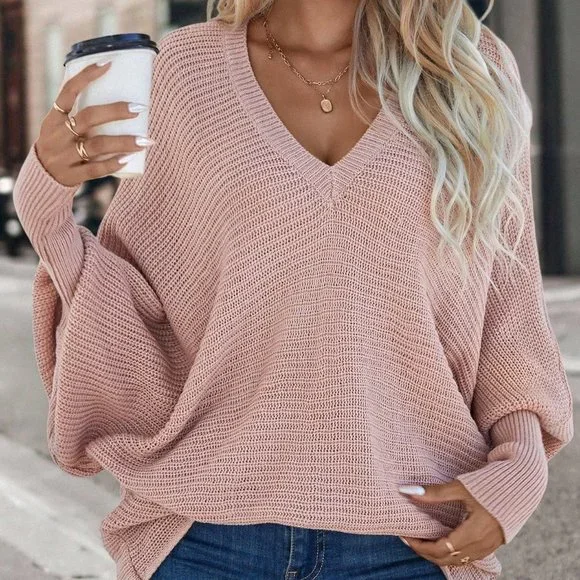 Pink Casual Womens Solid Batwing Sleeve V Neck Sweater - Picture 5 of 5